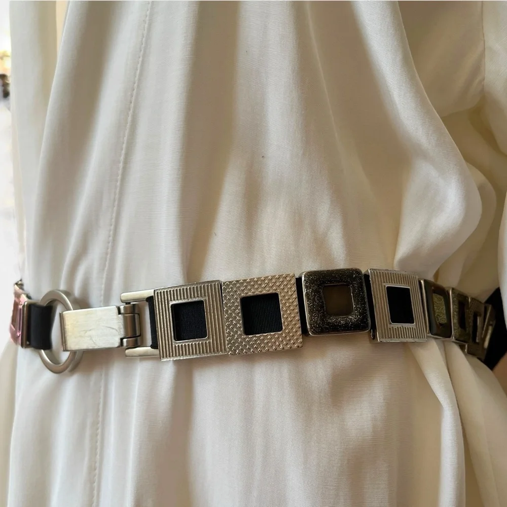 Y2K Metal Geometric Links Belt Carabiner O ring Buckle Stretchy Glitter Silver M